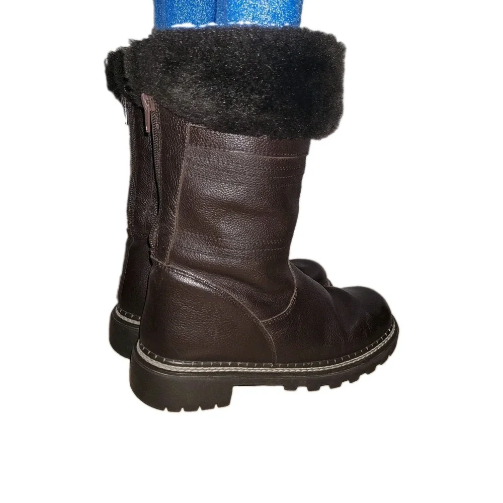 Bass Torino Women's Brown Leather Boots Size 7 M Faux Fur Zip Mid Calf Winter